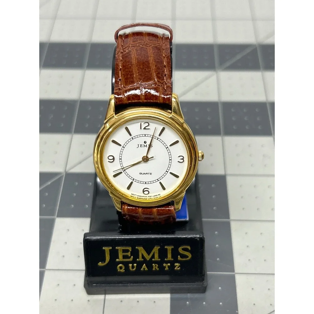 Vtg Jemis Quartz Watch Brown Gold Classic Leather Strap NOS Needs Battery